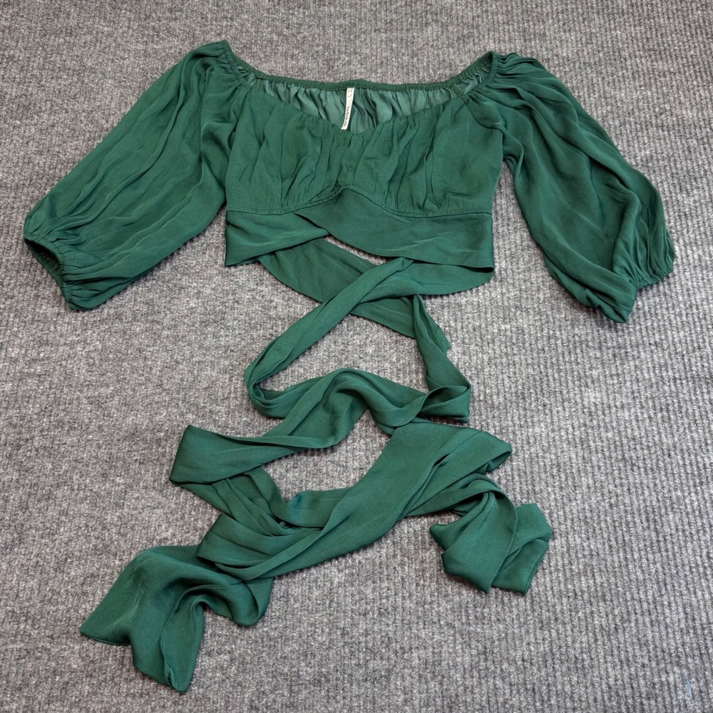 Indikah M Green Off Shoulder‎ Puff Sleeve Crop Top Tie Front Romantic Boho